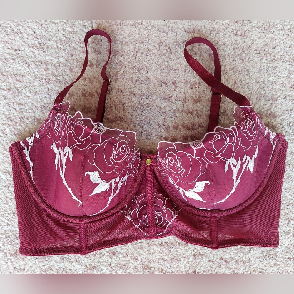 Adore Me Burgundy Rosita Contour Longline Demi Bra Embroidered Women's Size 36D
